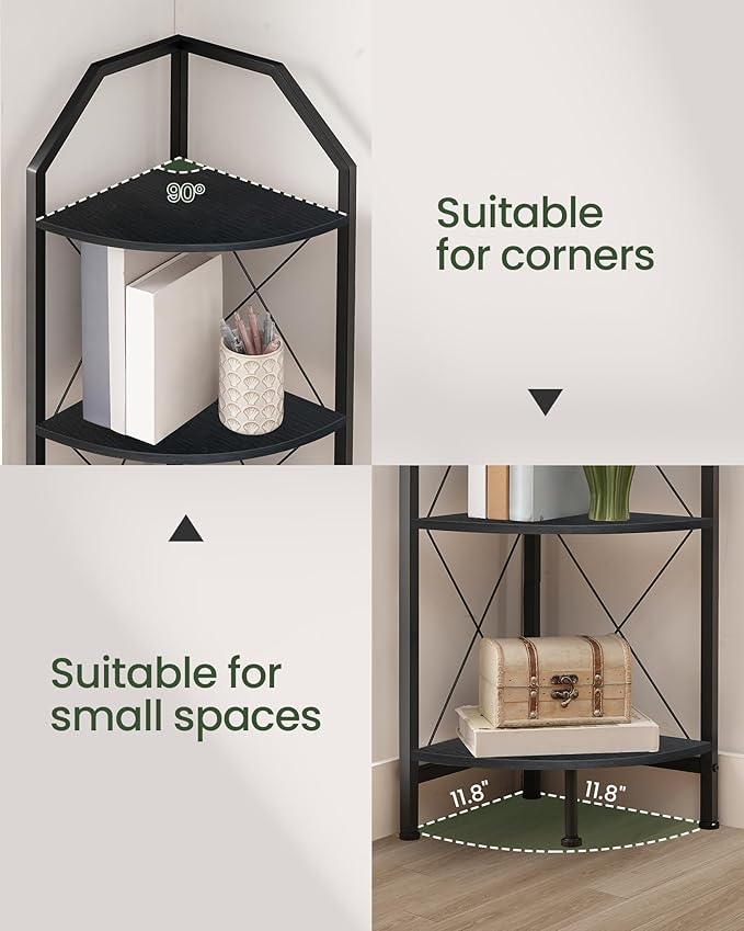CHOEZON 5-Tier Corner Shelf, Industrial Corner Bookshelf, 59.4" Corner Storage Stand, Plant Stand Display Shelf, Corner Bookcase for Bedroom, Living Room, Home Office, Black TCJ10BB - Image 3