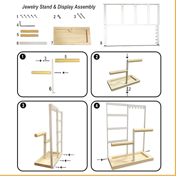Jewelry Organizer Stand, Jewelry Holder, Lengnoy 4 Tier Earring Holder with 48 Holes and 6 Hooks Necklace Organizer Wood Box for Necklace Bracelet Earring Ring, Gold - Image 6