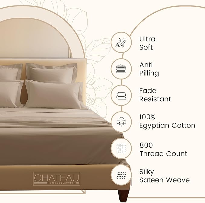 King Sheet Set, 100% Cotton Bed Sheets King Size Sheets 15" Deep Pocket Set, 800 Thread Count Sateen Weave 4 piece Luxury Bedding, Soft & Breathable No Pill Fade Resistant- Taupe