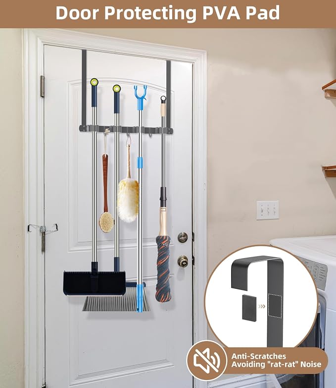 Broom Holder Over The Door-304 Stainless Steel Mop and Broom Holder Wall Mounted or Hanging Over The Door with Hooks - Broom Hanger, Tool Organizer for Garage Closet Laundry Kitchen-Space grey - Image 3