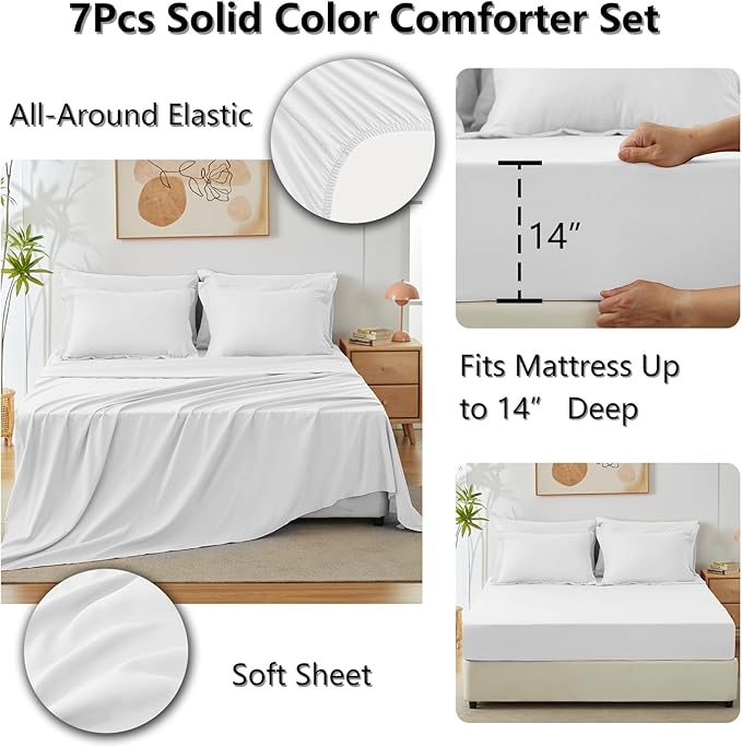 CozyLux King Size Comforter Set White, 7 Pieces Bed in a Bag King Comforter Set with Sheets, Luxury Soft Bedding Sets with Down Alternative Comforter, Fitted Sheet, Flat Sheet, Pillowcases & Shams