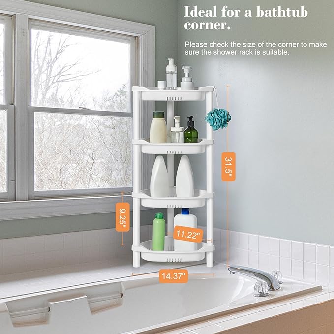 ELYKEN 4 Tier Shower Caddy Organizer Shelf Corner, 14.4 x 11.2 x 31.5 Inches, Rustproof, Plastic Shower Rack Stands for Inside Bathroom, Bathtub, Shower pan, White - Image 7