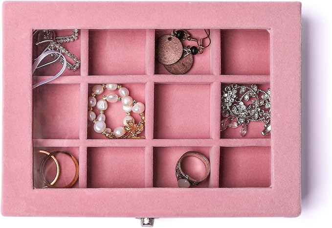 Frebeauty Jewelry Organizer Tray with Clear Lid,12 Grid Velvet Drawer Insert Jewelry Storage Box with Transparent lid Jewelry Display Case Store Showcase Jewelry Box Gift for Women(Pink,12 Grid) - Image 5