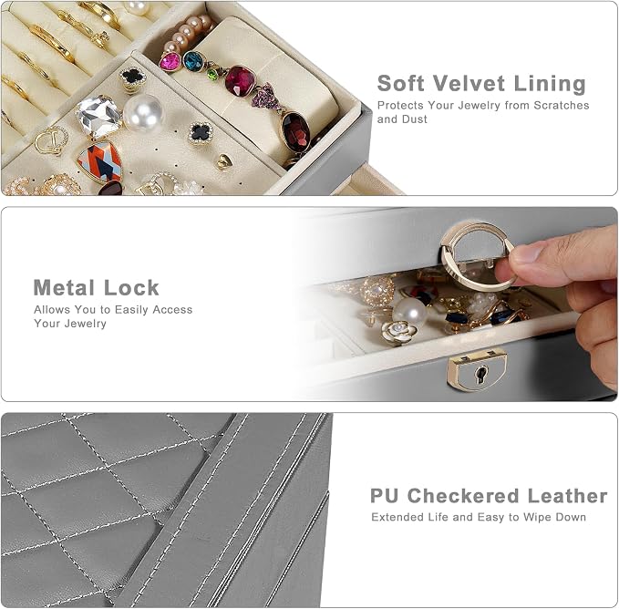 GUOER Jewelry Box for Women Girl Wife 3 Layers Large PU Leather Jewelry Organizer Storage Case with Two drawers Display for Earrings Bracelets Rings Watches (Grey) - Image 3
