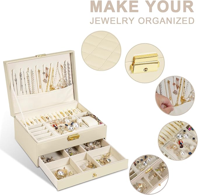 GUOER Jewelry Box for Women Girl Wife - Large PU Leather Jewelry Organizer Storage Case with Two Layers Display for Earrings Bracelets Rings Watches (Apricot) - Image 2