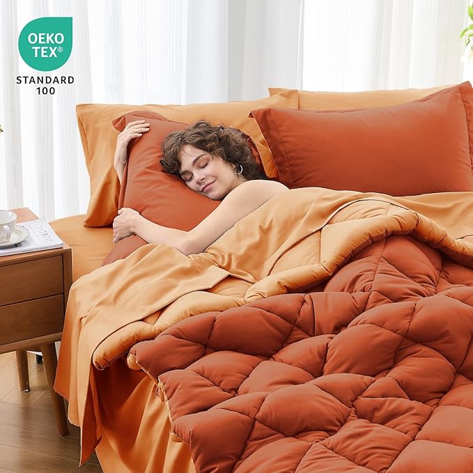 MUXHOMO 7 Pieces Queen Comforter Set, Reversible Bed in a Bag Queen Size, All Season Bedding Set with Comforter, Flat Sheet, Fitted Sheet, Pillowcases & Shams, Burnt Orange & Camel