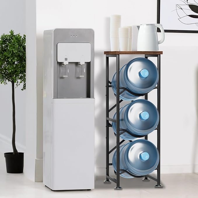 5 Gallon Water Jug Holder, 3-Tier Water Bottle Holder with Wood Top Shelf, Heavy Duty Water Cooler Jug Rack, Water Dispenser Storage Stand for Kitchen Office and Living Room - Image 2