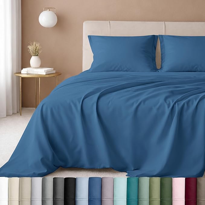 California Design Den Natural 100% Cotton Bed Sheets Queen Size Set - Luxury 600 Thread Count Sateen, Durable Fully Elasticized Deep Pocket Bedsheets Queen Size Bed - Parisian Blue