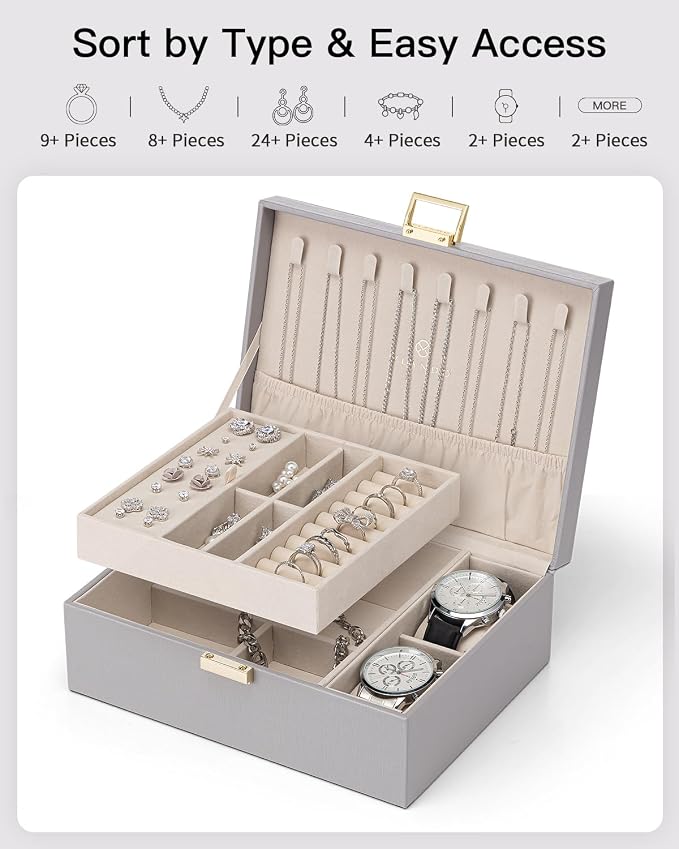VLANDO 2 Layer Jewelry Box Large Jewelry Organizer for Women Removable Jewelery Tray with Watch Pillow for Necklace Earrings Rings Bracelets Gifts for Couples Mom Friends, Bridesmaid (Grey) - Image 7
