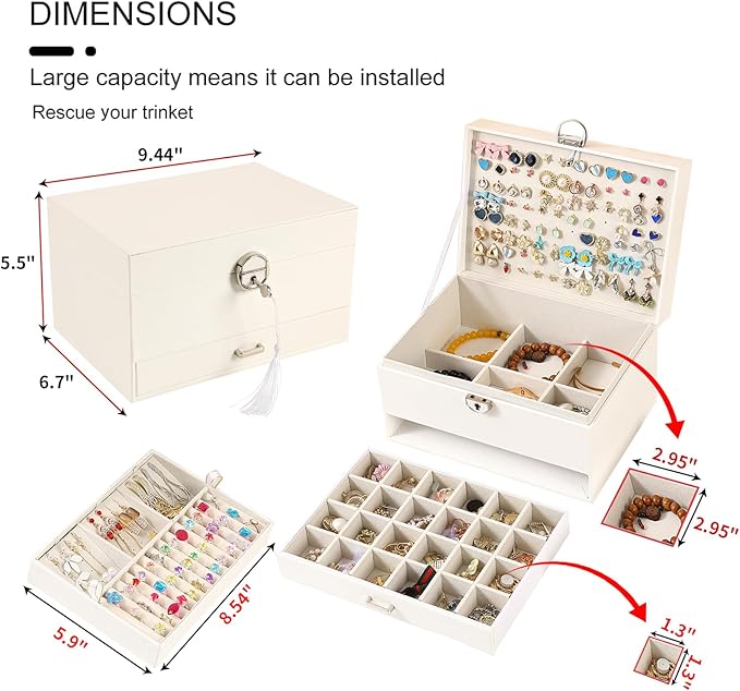 BOOVO Earring Jewelry Box For Women Girl Stud Organizer, 5 Layers Girl Jewelry Organizer Box With Lock Earring Holder Organizer Necklace Ring Jewelry Organizer Box For Girls (White, 5 layer) - Image 2