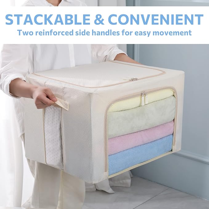 CYhom 3Pack Frame Storage Box - Clothes Storage Bin Bags Oxford Fabric Foldable Stackable Container Organizer Set with Clear Window & Carry Handles Large Capacity (Beige, Large-66L) - Image 8