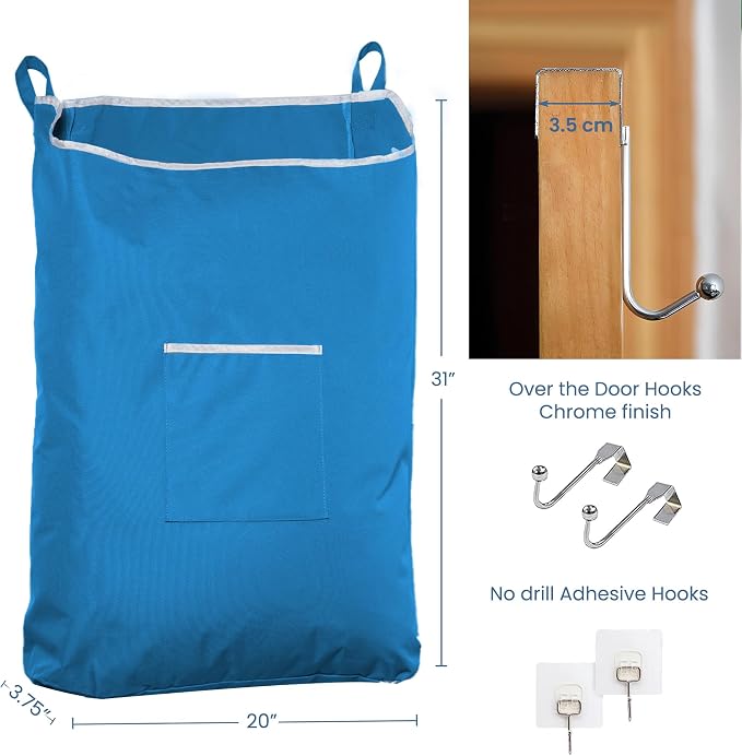 The Fine Living Co. X-Large Hanging Laundry Hamper with Over Door Hooks & Adhesive, Durable Space Saving Laundry Bag with Zipper and Wide Open Top, Hanging Dorm Laundry Hamper 20"x3.75"x31" (Blue-XL) - Image 2