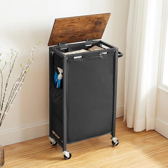 HOOBRO Slim Laundry Hamper with Lid, 11Gal Rolling Laundry Basket with Wheels, Laundry Sorter with Side Pockets and Handle, Oxford Fabric Bag, Space-Saving, Rustic Brown and Black BF24XY01G2 - Image 2