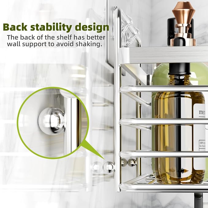 Yougai Shower Caddy, Shower Organizer with Soap Holder and Hooks, Rustproof Shower Shelves, No Drilling Bathroom Organizers and Storage, Wall-Mounted Kitchen & Home Decor (Silver) - Image 4