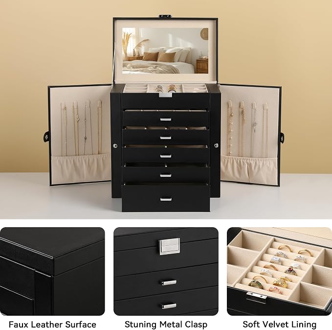 Frebeauty Large Jewelry Box,6-Tier PU Leather Jewelry Organizer,Multi-functional Storage Case with Mirror,Accessories Holder with 5 Drawers for Necklace Bracelets Watches(Black) - Image 4