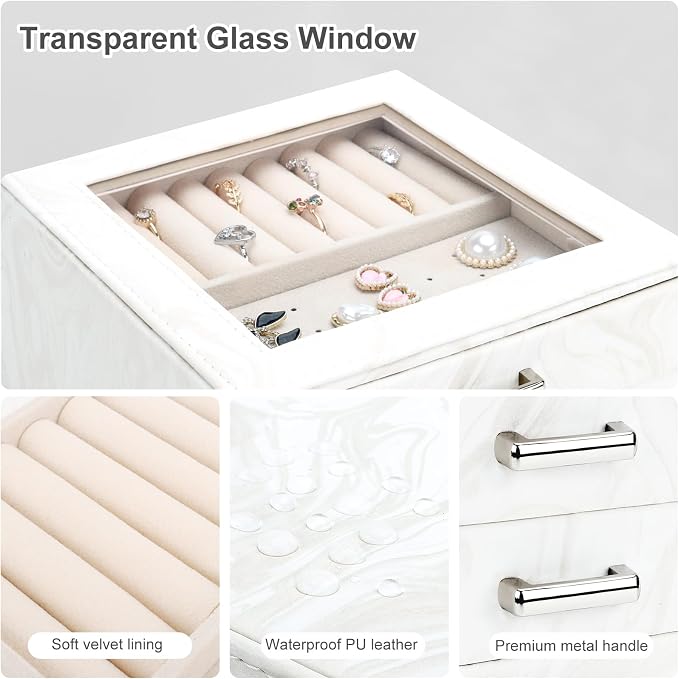 DesignSter Jewelry Box Organizer, Jewelry Box for Women, PU Jewelry Organizer Display Case with Side Drawers, Jewelry Storage for Earring Necklace Ring Bracelet Watch - Image 4