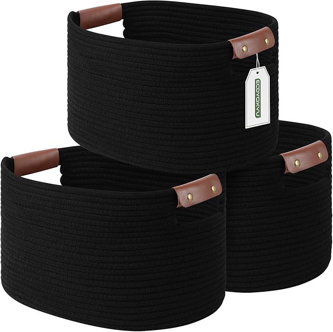 ECDYQXVU Cotton Rope Basket, Storage Baskets with Handle, 15x10x9 Inch Woven Basket for Shelves, Laundry, Towels, Clothes, Books, (Black 3Pack) by ECDYQXVU
