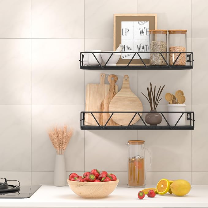 Amaoot Floating Shelves Set of 3, Home Wood Wall Shelf, Farmhouse Shelf for Bedroom, Wall Mounted Floating Shelf for Living Room, Bedroom, Bathroom, Kitchen, Office (Black 2) - Image 2