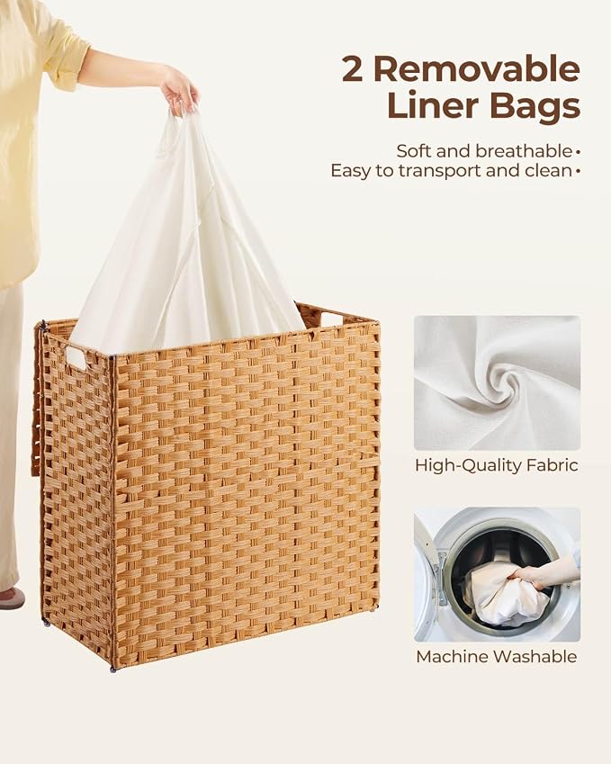 Greenstell Laundry Hamper with lid, No Install Needed, 130L Wicker Laundry Baskets Foldable 2 Removable Liner Bags, 2 Section Clothes Hamper Handwoven Rattan Laundry Basket with Handles, Natural - Image 3