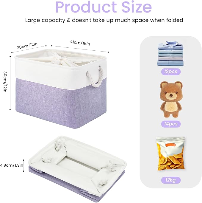 Large Storage Baskets- 16x12x12 inch Storage Bins for Shelves and Closet Organizing, Foldable Fabric Bin for Home Organization Clothes and Laundry (1-Pack, White&Purple) - Image 5