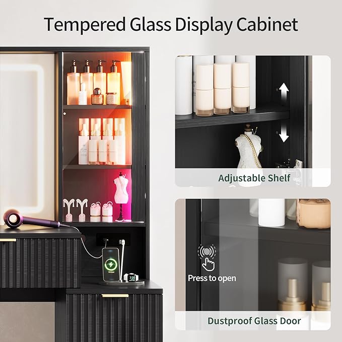 HAUOMS Big Vanity, 59.1" Fluted Wood Makeup Vanity Desk with Mirror and Sound Sync LED Lights, Large Vanity Dressing Table, 8 Drawers, 2 Glass Cabinets, with Charging Station for Girls, Women (Black)