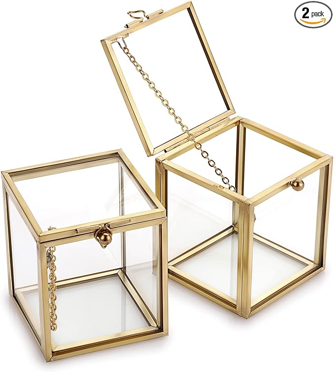 Hipiwe 2 Packs Vintage Glass Jewelry Organizer Box - Small Golden Metal Keepsake Box Desktop Jewelry Organizer Holder, Wedding Birthday Gift, Square Vanity Decorative Box for Dresser Bathroom by HomeDetails