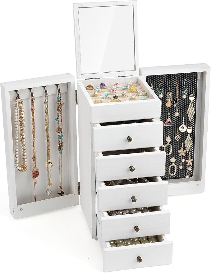 Meangood White Jewelry Box Wood for Women, 6-Layer Large Organizer Box with Mirror & 5 Drawers for Rings, Earrings, Necklaces, White - Image 7