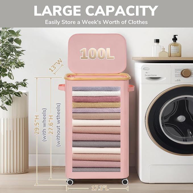 Goodpick Laundry Basket with Wheels, Collapsible Clothes Hampers with Removable Laundry Bag 100L Large Rolling Hamper with Lid for Bedroom, Bathroom, Pink - Image 3