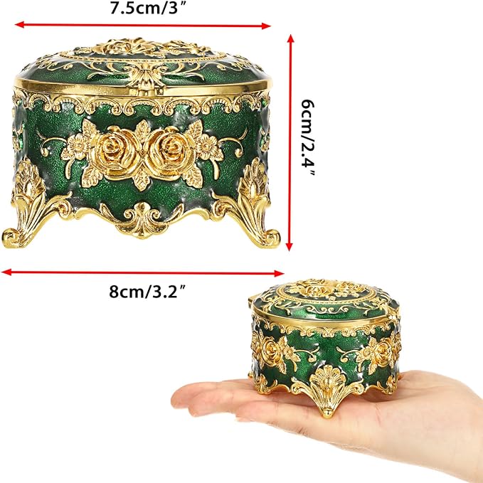 Hipiwe Vintage Jewelry Box Small Trinket Storage Organizer Box Gold Metal Chest Ring Case Treasure Chest Round Keepsake Boxes for Earrings Necklace Gift for Women,Green - Image 3