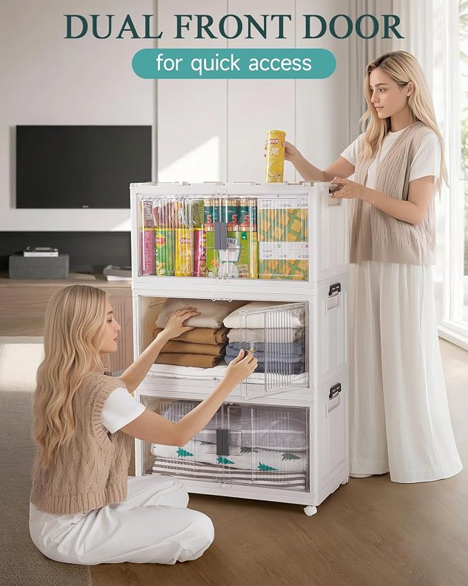 OlarHike 97QT Stackable Storage Bins with Lids - Folding Storage Box with Doors and Wheels, Collapsible Plastic Storage Drawers for Closets and Organization, Garage, 3 Pack Cubes, Gifts for Family - Image 6