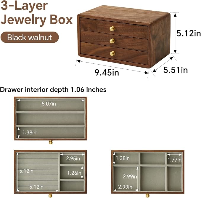 Wooden Jewelry Box for Women & Men, Large Velvet Lined Organizer with 3 Drawers, Solid Black Walnut Wood & Brass Handles, Earring Ring Necklace Storage Box - Image 2