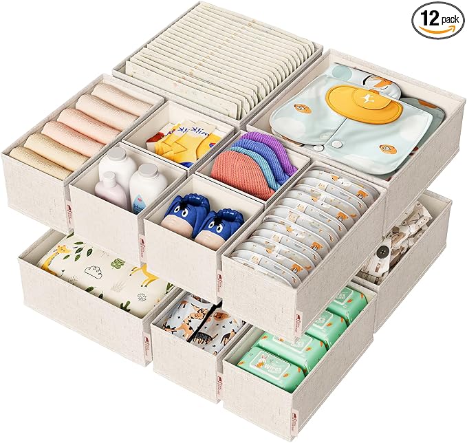 Cotton Linen Drawer Organizer for Baby Clothes, 12Pack Multi-Size Nursery Dresser Dividers for Clothes, Premium Foldable Storage Bins for Bedroom, Closet and Diaper Table, Beige by ZenStorage