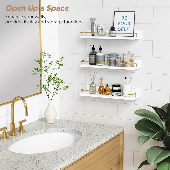 Forbena Gold Floating Shelves for Wall Decor Set of 3, Bathroom Shelves Over Toilet, Modern Display Wall Shelf with Guard Rail for Living Room Bedroom Organizers and Storage - White and Gold - Image 5