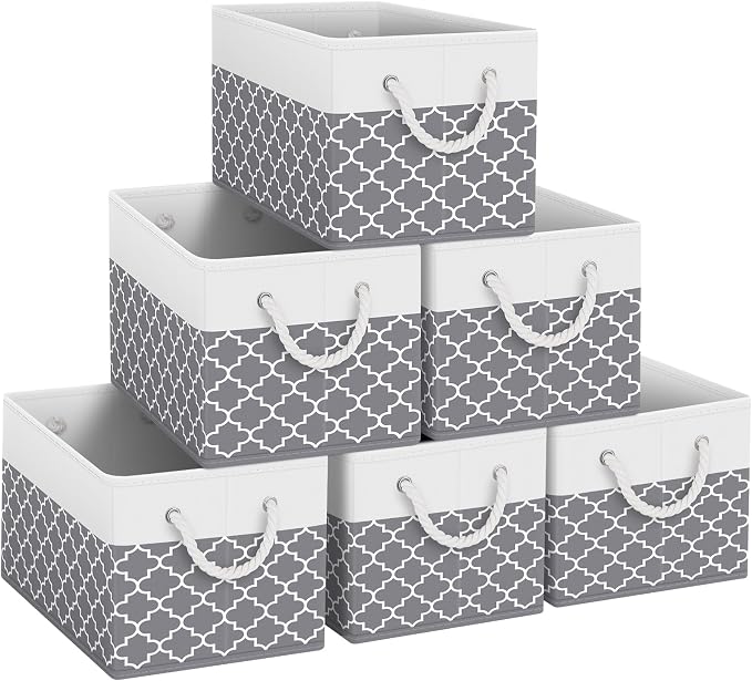 Fab totes Storage Bins [6-Pack], Foldable Storage Baskets for Organizing Toys, Books, Shelves, Closet, Large Storage Box with Rope Handles, Sturdy Organizer Bins,Clover Grey by Fabtotes
