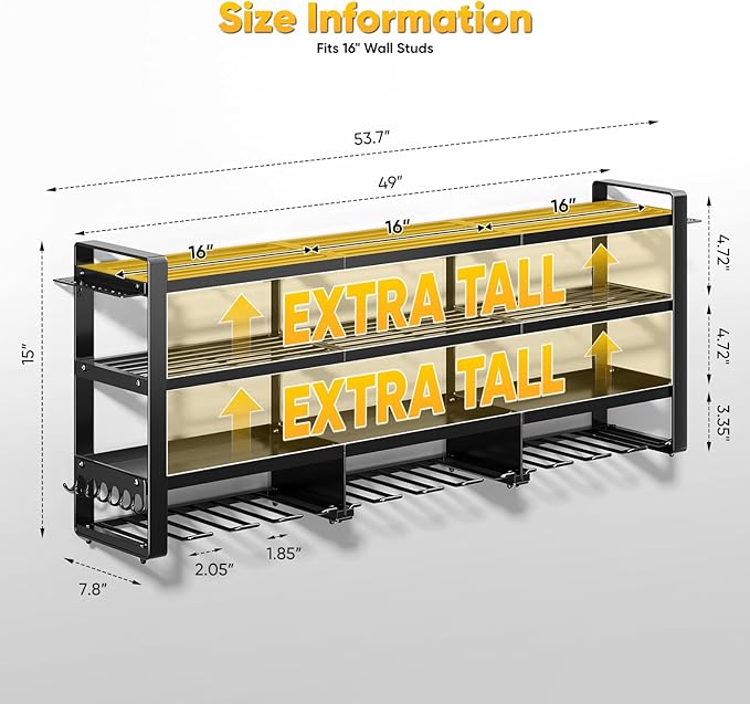 POKIPO 49" W Large Power Tool Organizer Wall Mount, 4 Layer Heavy Duty Loads 800 lbs, Tool Storage Rack Holds 12 Cordless Drills, Large Capacity Battery Holder for Garage, Gift for Men - Image 7