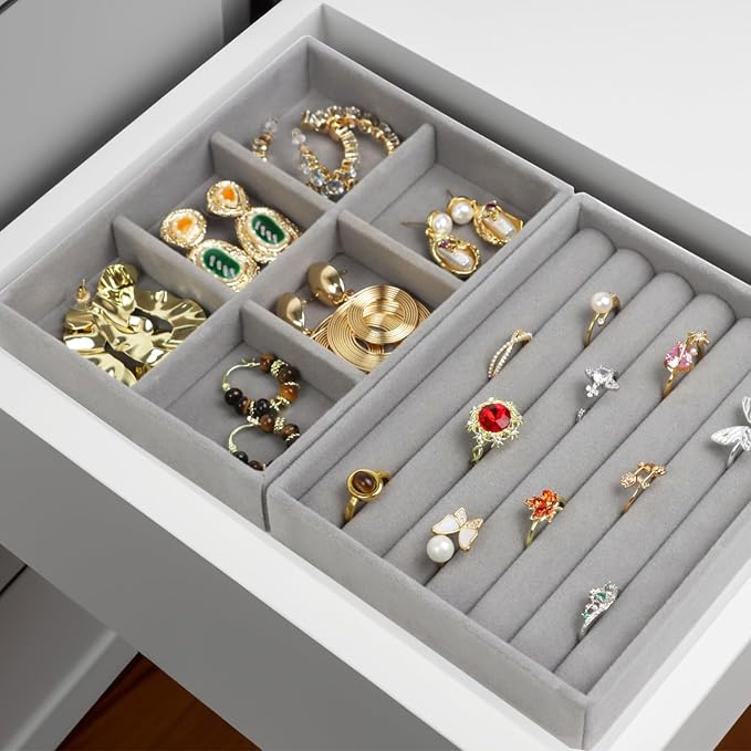 Fordonral Velvet Jewelry Organizer Box, Jewelry Drawer Organizers Trays, Earring Ring Necklace Holder Display Case (Gray, Ring+6 Grid Trays) - Image 8