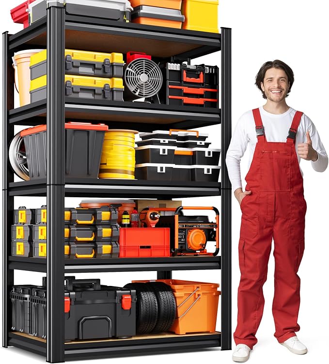 71''H 27.5''W Storage Shelves,2500LBS Garage Shelving ,Adjustable Garage Shelves ,Heavy Duty Metal Shelving, 5 Tier Wood Utility Steel Shelf, Shelving Units and Storage Rack fo Kitchen Pantry Laundry by KORVENA