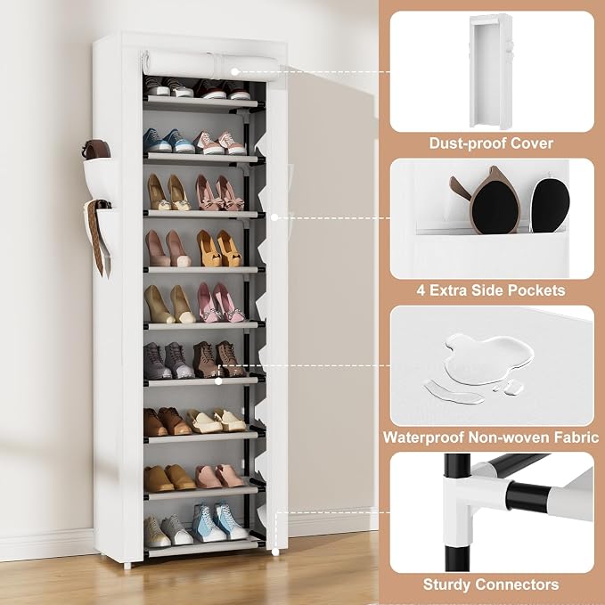 VILICK Shoe Rack with Cover Narrow Shoe Rack Organizer with 4 Side Pockets 10 Tier Tall Shoe Storage Shoe Shelf Holds 18-22 Pairs Shoes and Boots Shoe Rack for Closet, White - Image 4