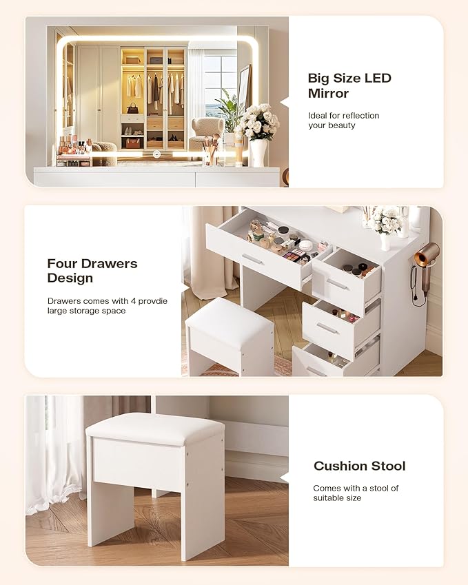 LIVELYGLOW Makeup Vanity Desk with Charging Station & LED Mirror – 35.4" Vanity Set with 4 Drawers, 3 Lighting Modes – Modern Bedroom Furniture (15.7" D x 35.4" W x 53.9" H), White