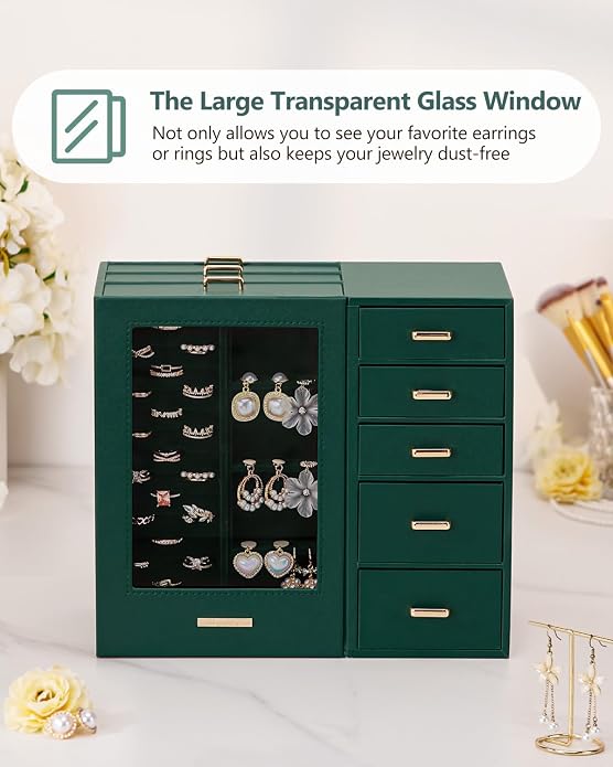Homde Large Jewelry Box/Organizer/Case with Glass Window, Drawers for Necklaces Earrings Rings Bracelets Watches Gift for Women Girls - Image 2
