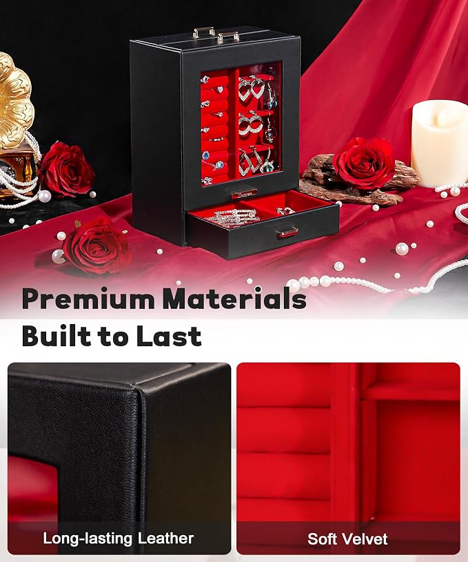 Homde Jewelry Organizer Girls Women Jewelry Box for Necklaces Rings Earrings Gift Bracelets Storage Case (Black + Red + Gold) - Image 6