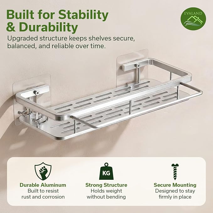 EVALAND Shower Caddy Adhesive 2-Pack with Hooks and Rod for Towels, Silver – Premium Bathroom Shower Shelves, Shampoo Organizer, Bathtub Shelf, Rustproof, Easy Installation, Sturdy Modern Look - Image 6