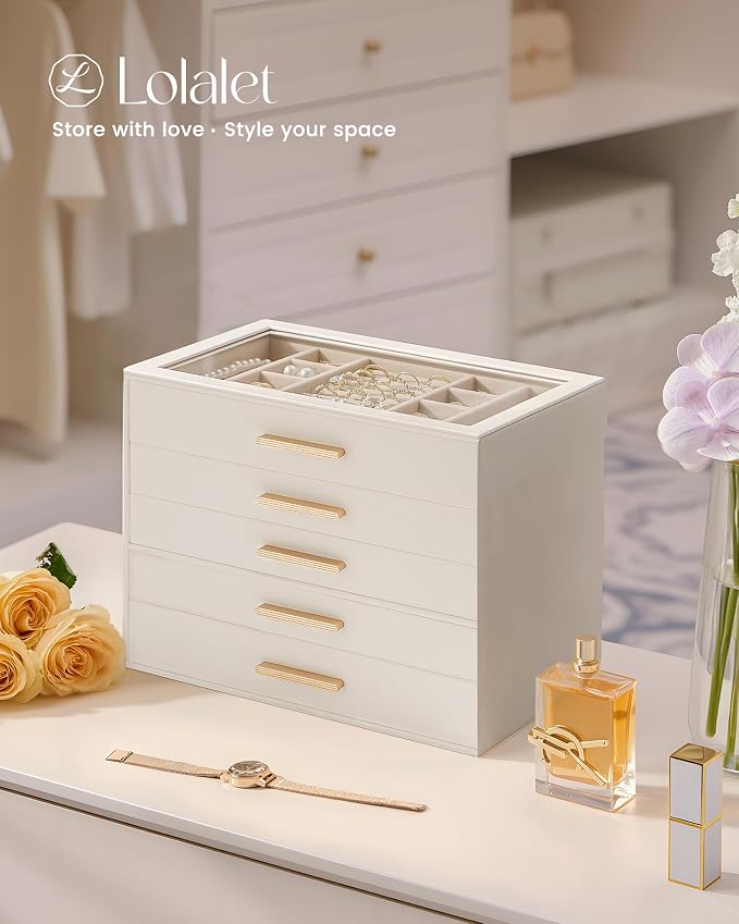 Lolalet Jewelry Box Organizer, 5-Layer Jewelry Organizers and Storage Case with Glass Lid, Ring Earring Bracelet Necklace Holder Organizer, Birthday Valentine Gifts for Women Girls -5Layer, Beige - Image 6