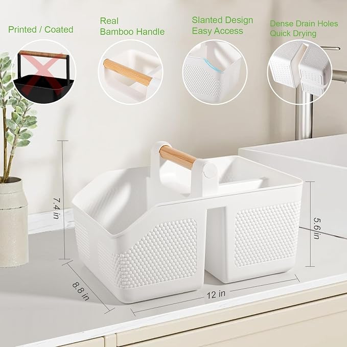 rejomiik Shower Caddy Portable with Bamboo Handle, Plastic Basket Cleaning Caddy Organizer Storage Tote for Bathroom, College, Dorm Room Essentials, White - Image 5