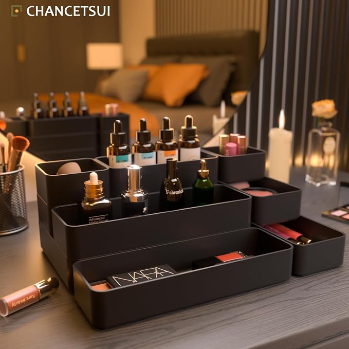 9 Pcs Stackable Drawer Organizer Trays Set, Multifunctional Stackable Storage Trays for Vanity, Bathroom, Kitchen, Desk Drawer Organizer Office. Plastic Drawer Organizers Available In 5 Colours, Black - Image 2