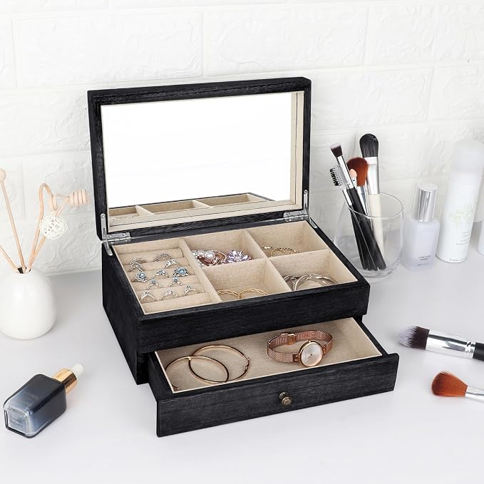 Meangood Jewelry Box Organizer for Women, 2 Layer Large Jewelry Storage Case, Rustic Wooden Jewelry Box with Mirror & Ring Tray for Necklace Earring Bracelets Rings, Vintage Style (Black) - Image 3