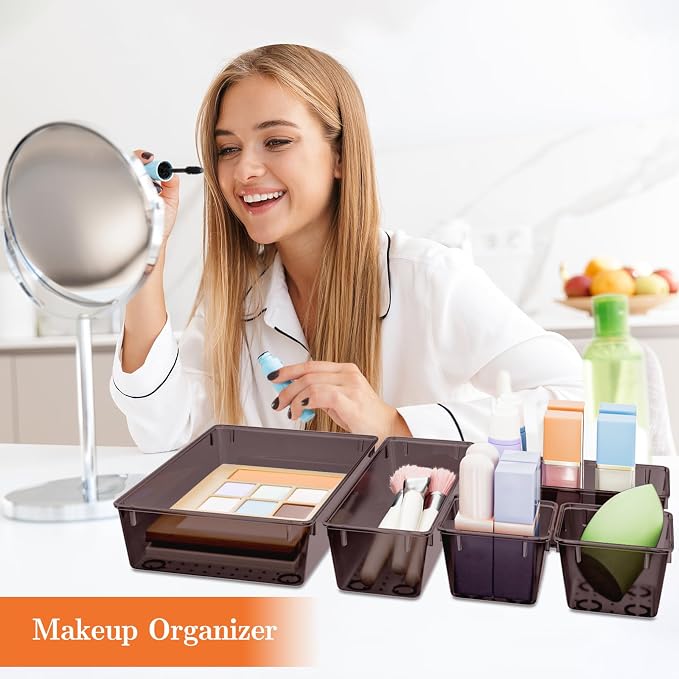 SpaceHacks 25 PCS Plastic Drawer Organizer Set, 4-Size Versatile Organizer Trays & storage Bins for Makeup, Jewelry, and Gadgets in Bathroom, Bedroom and Office,Brown - Image 5