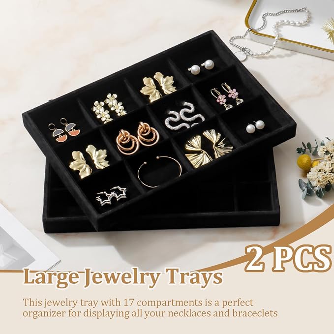 Large Velvet Jewelry Tray 2 Pack Stackable Jewelry Display Drawer Inserts Trays Organizer for Earring Bracelet Necklace Ring (Black, 12 Grids+24 Grids) - Image 2