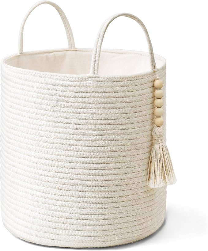 Mkono Woven Storage Basket with Handles Decorative Cotton Rope Basket Wooden Bead Decoration for Blankets,Toys,Clothes,Living Room Home Decor, 11", White by Mkono