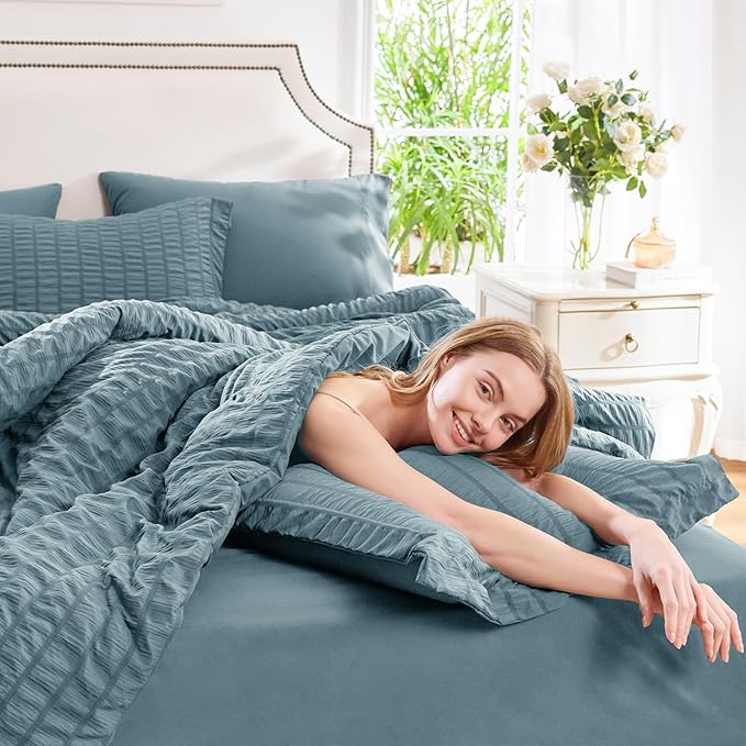 CozyLux King Size Comforter Set Mineral Blue Seersucker 7 Pieces Bed in a Bag King Comforter Set with Sheets, Luxury Soft Bedding Sets with Down Alternative Comforter, Sheets, Pillowcases & Shams